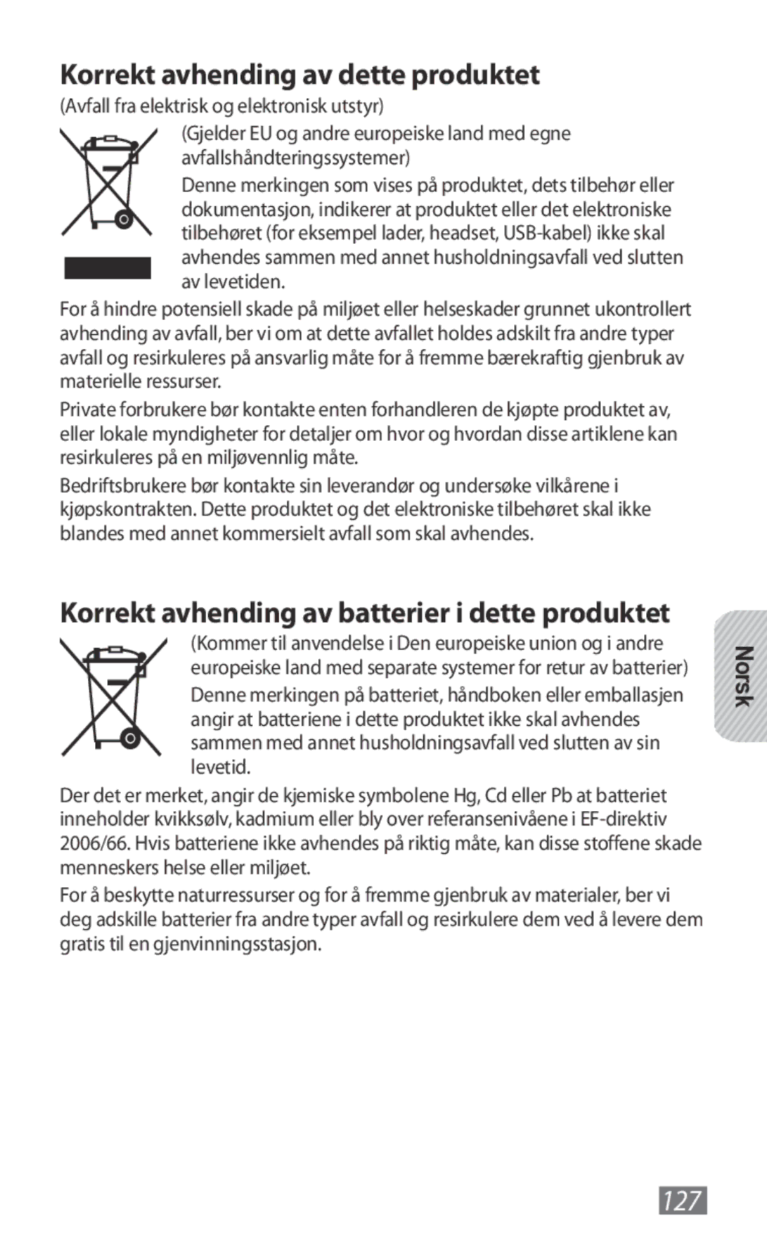 Samsung GT-B3800FKTVD2 manual Korrekt avhending av dette produktet, Korrekt avhending av batterier i dette produktet 