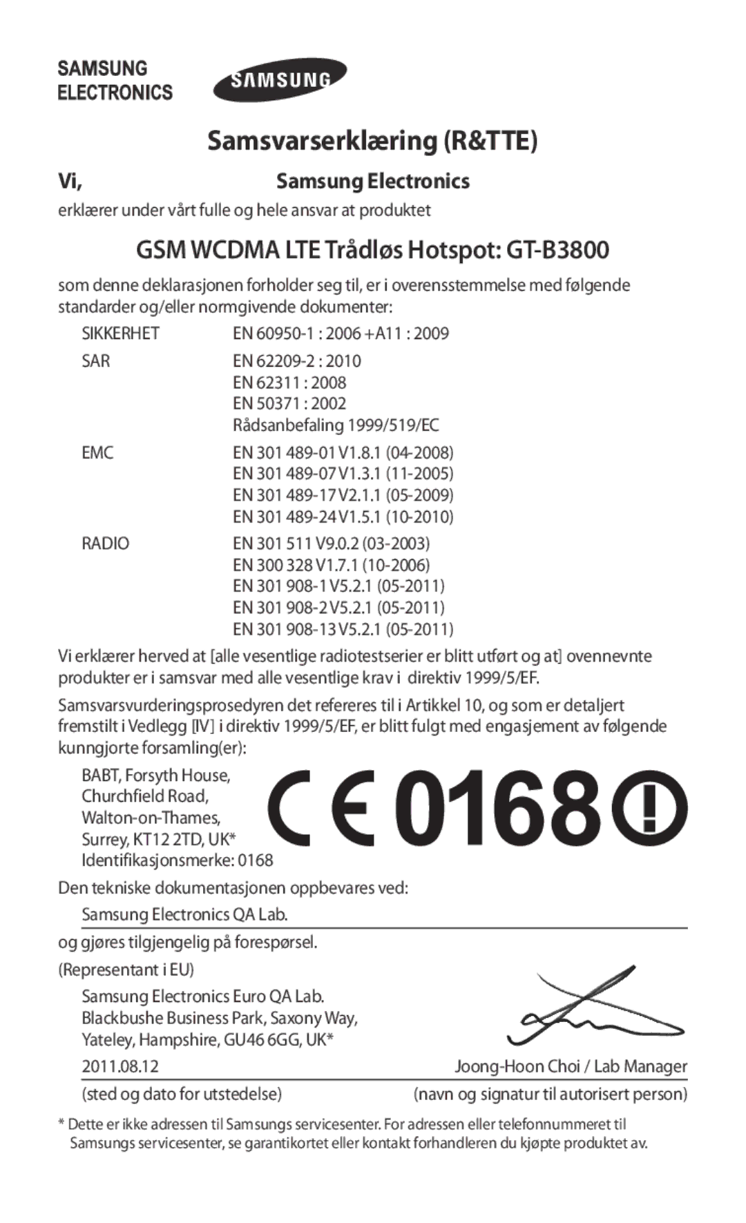 Samsung GT-B3800FKTVD2 manual GSM Wcdma LTE Trådløs Hotspot GT-B3800, Navn og signatur til autorisert person 