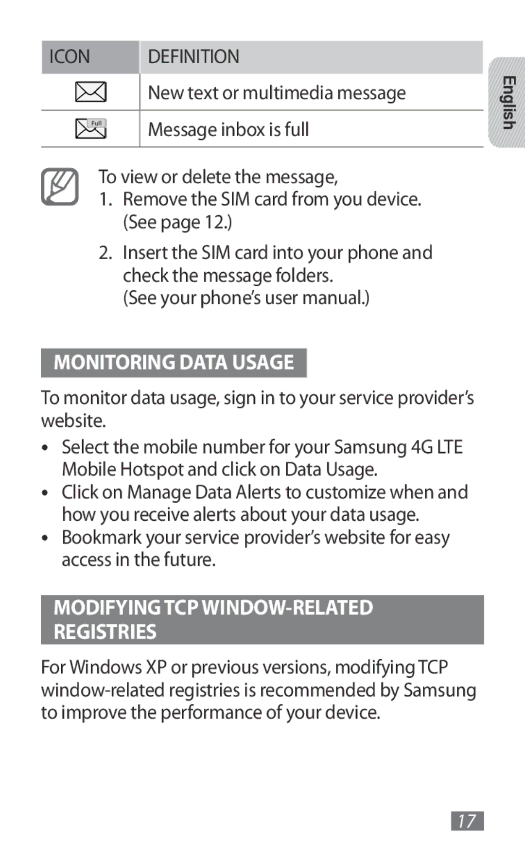 Samsung GT-B3800FKTVD2 Monitoring Data Usage, Modifying TCP WINDOW-RELATED Registries, New text or multimedia message 