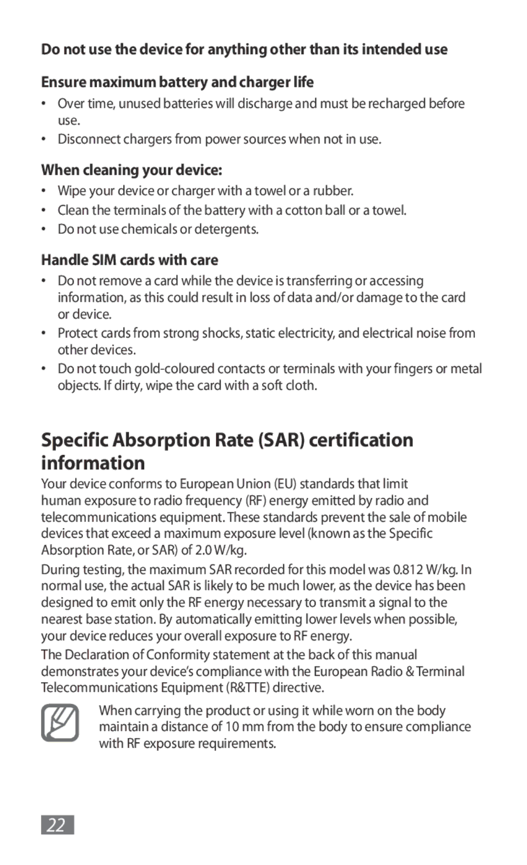 Samsung GT-B3800FKTVD2 manual Specific Absorption Rate SAR certification information, When cleaning your device 