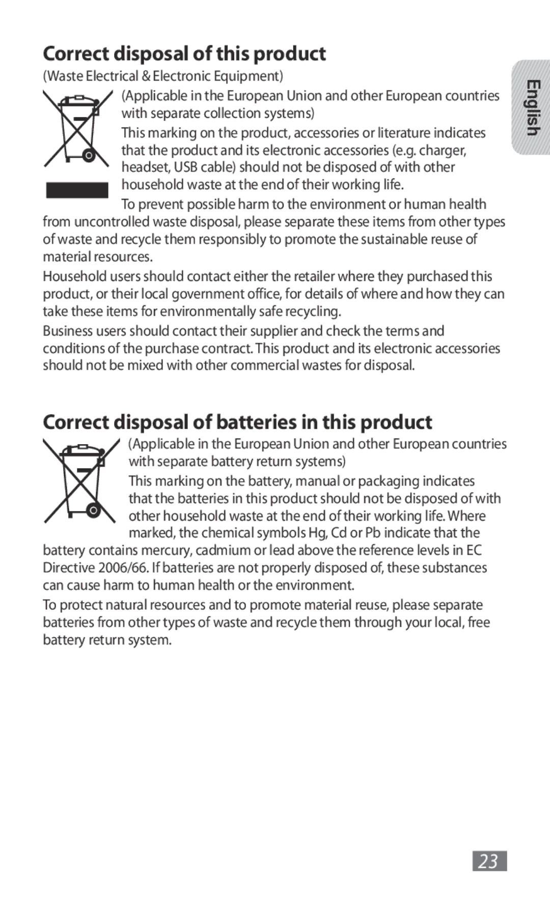 Samsung GT-B3800FKTVD2 manual Correct disposal of this product, Correct disposal of batteries in this product 