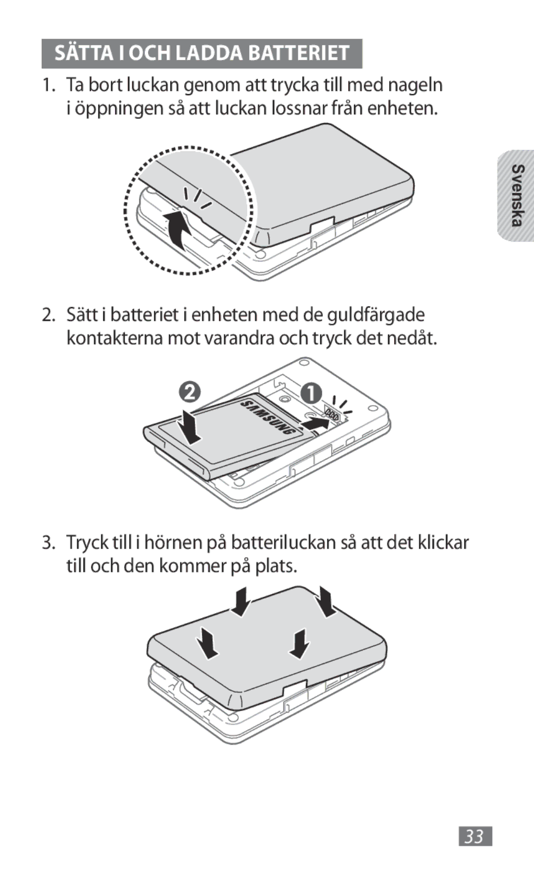 Samsung GT-B3800FKTVD2 manual Sätta I OCH Ladda Batteriet 