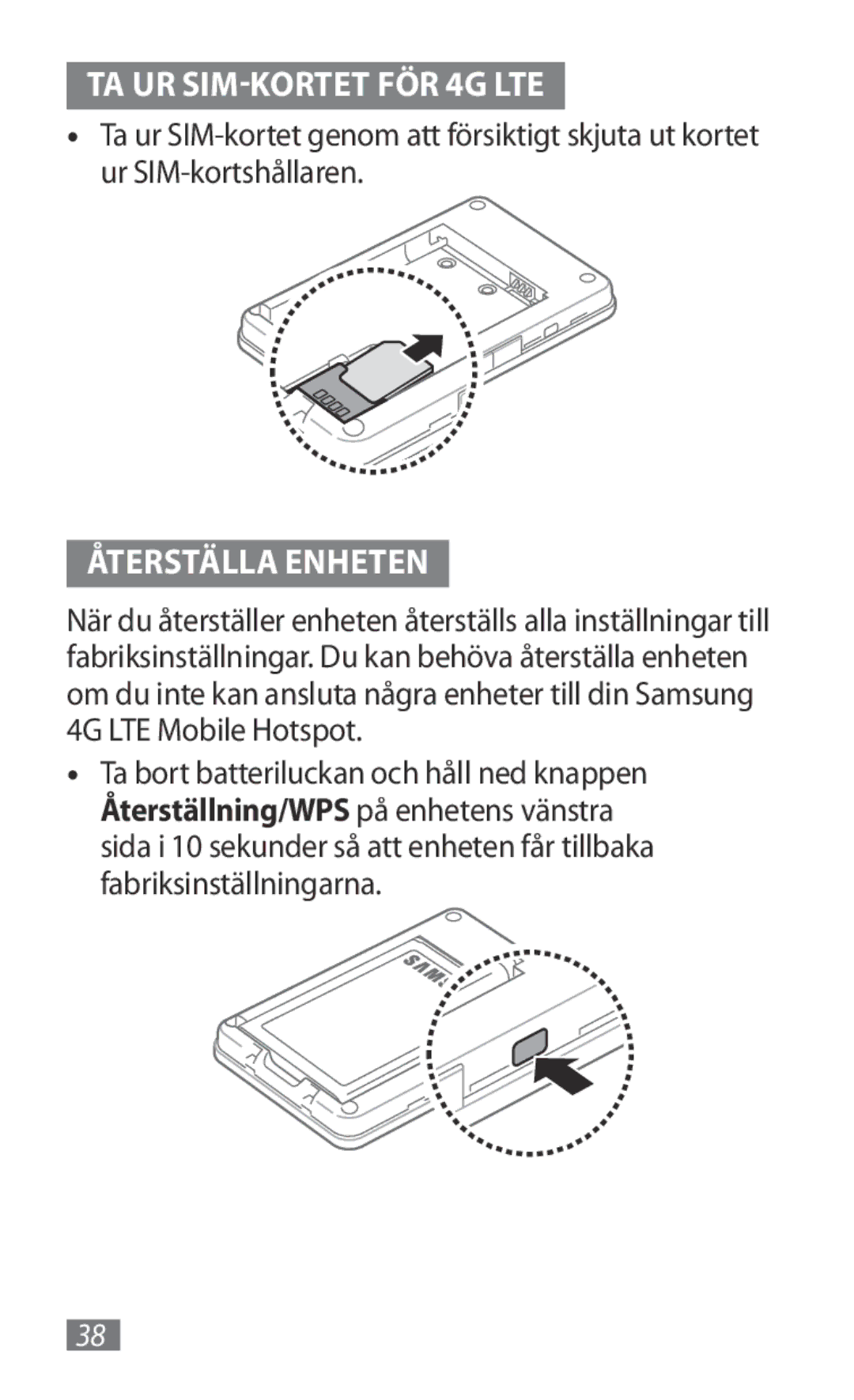 Samsung GT-B3800FKTVD2 manual TA UR SIM-KORTET FÖR 4G LTE, Återställa Enheten 