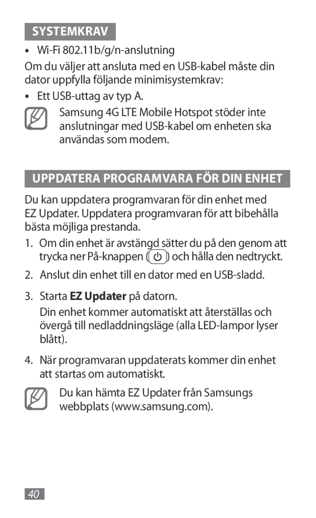 Samsung GT-B3800FKTVD2 manual Systemkrav, Wi-Fi 802.11b/g/n-anslutning 