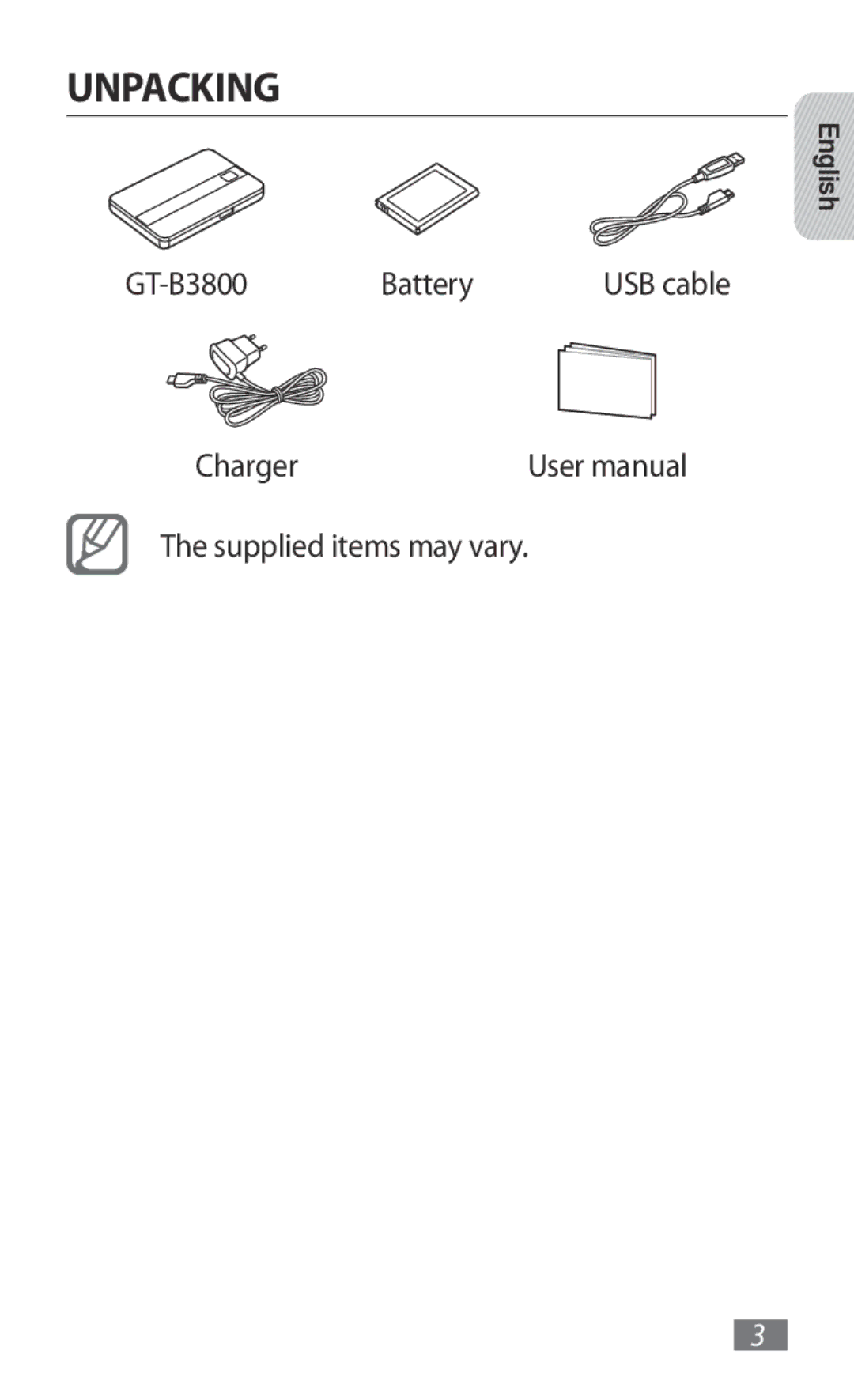 Samsung GT-B3800FKTVD2 manual Unpacking, GT-B3800 Battery, Supplied items may vary 