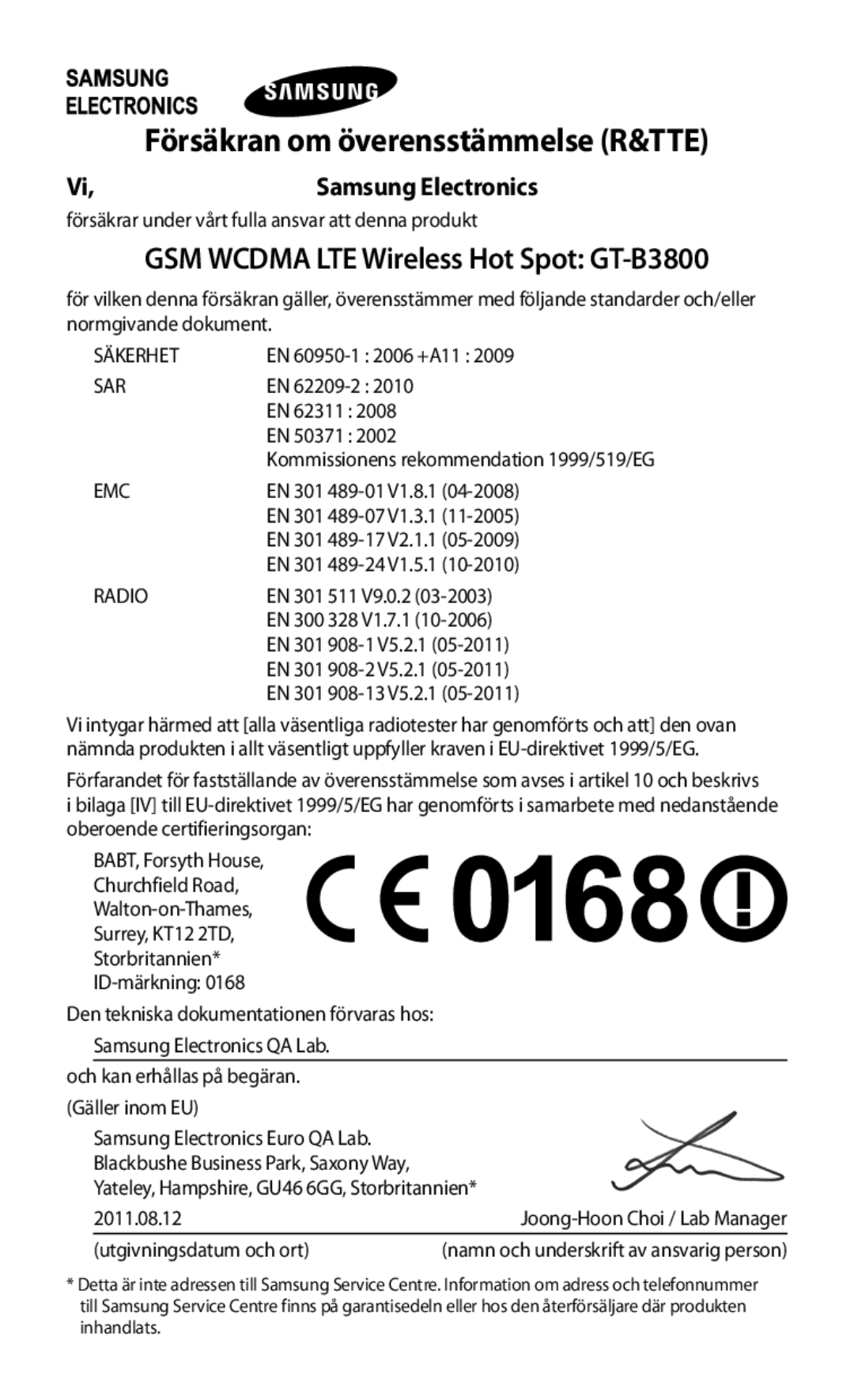 Samsung GT-B3800FKTVD2 manual Försäkran om överensstämmelse R&TTE 