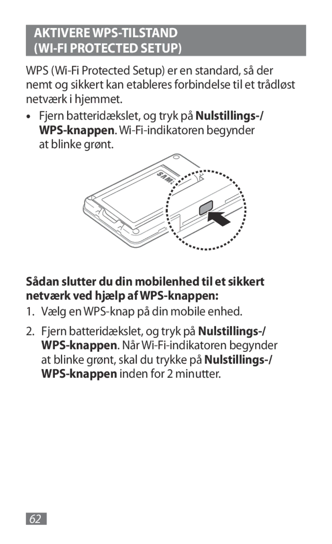 Samsung GT-B3800FKTVD2 manual Vælg en WPS-knap på din mobile enhed 