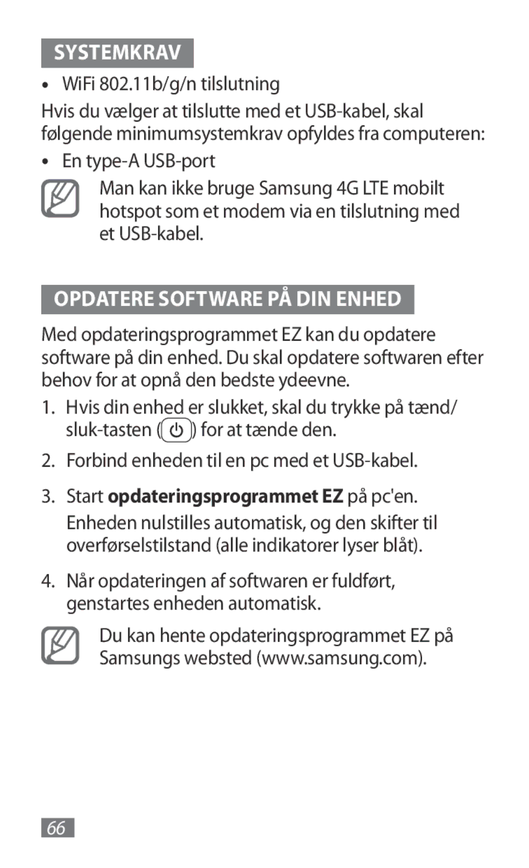 Samsung GT-B3800FKTVD2 manual Opdatere Software PÅ DIN Enhed, WiFi 802.11b/g/n tilslutning 