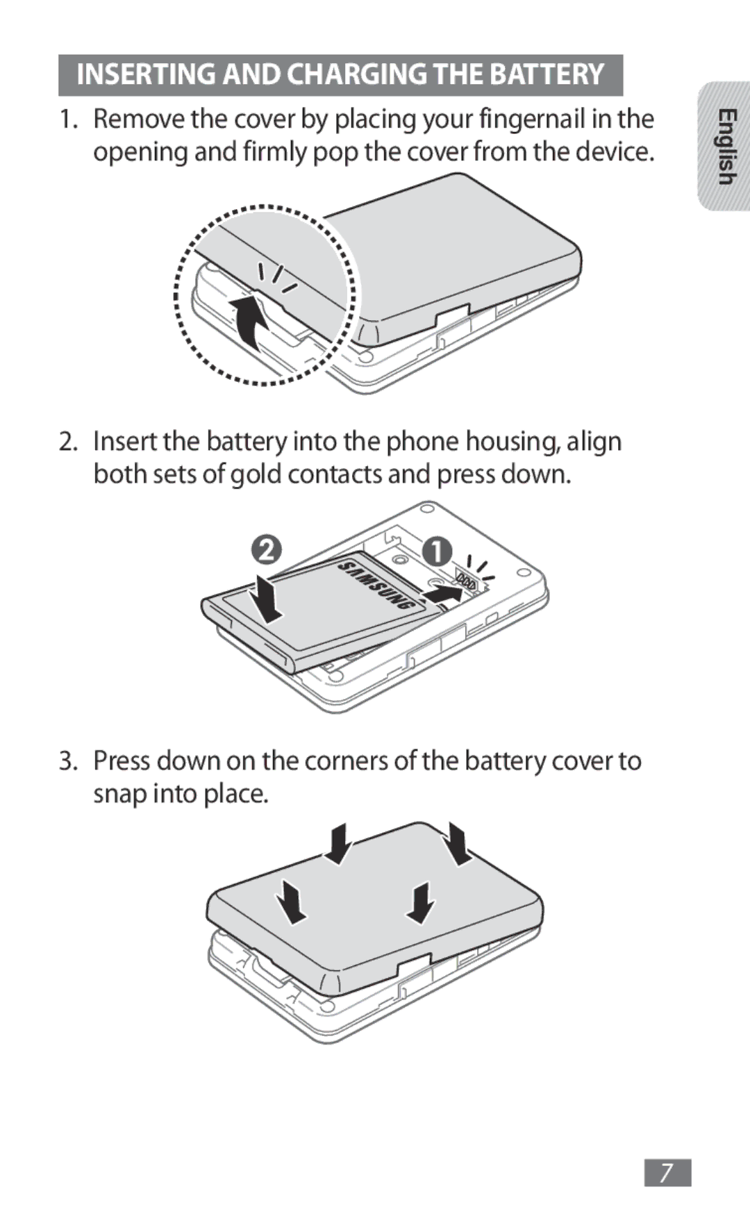 Samsung GT-B3800FKTVD2 manual Inserting and Charging the Battery 