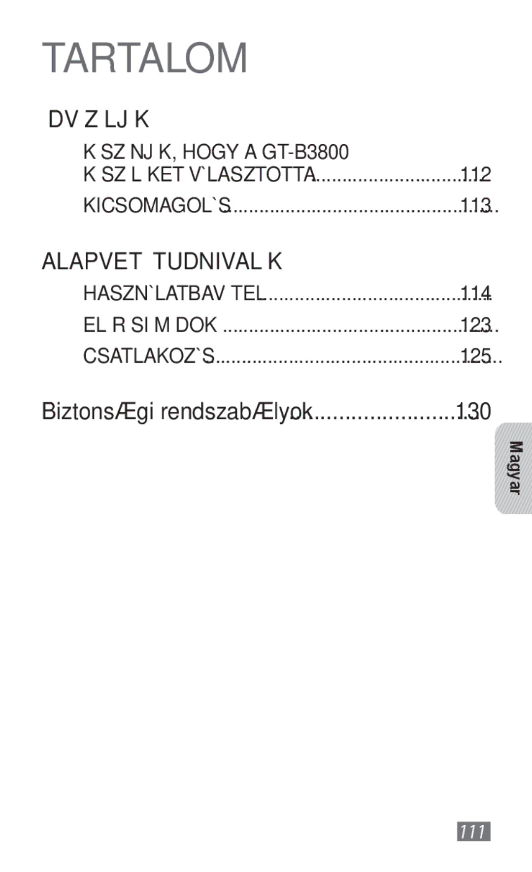 Samsung GT-B3800FKTVD2 manual Tartalom 