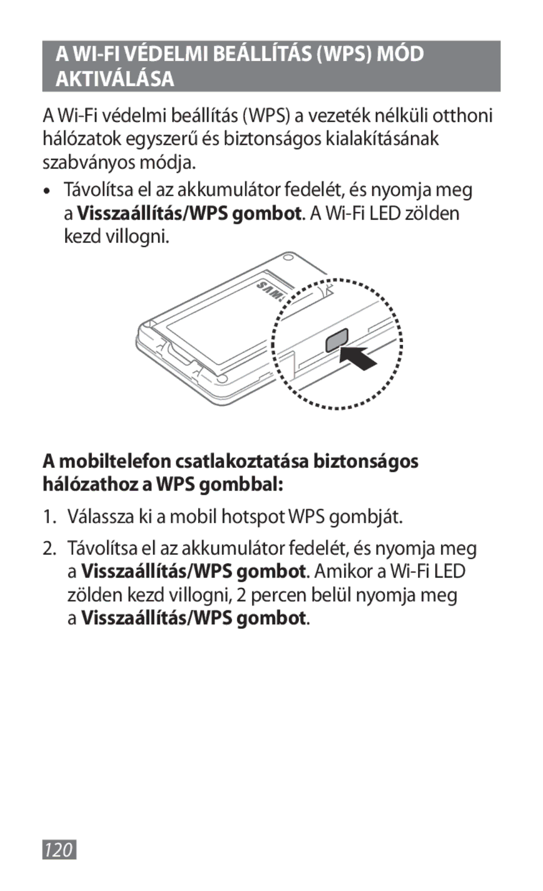 Samsung GT-B3800FKTVD2 manual WI-FI Védelmi Beállítás WPS MÓD Aktiválása, Válassza ki a mobil hotspot WPS gombját, 120 