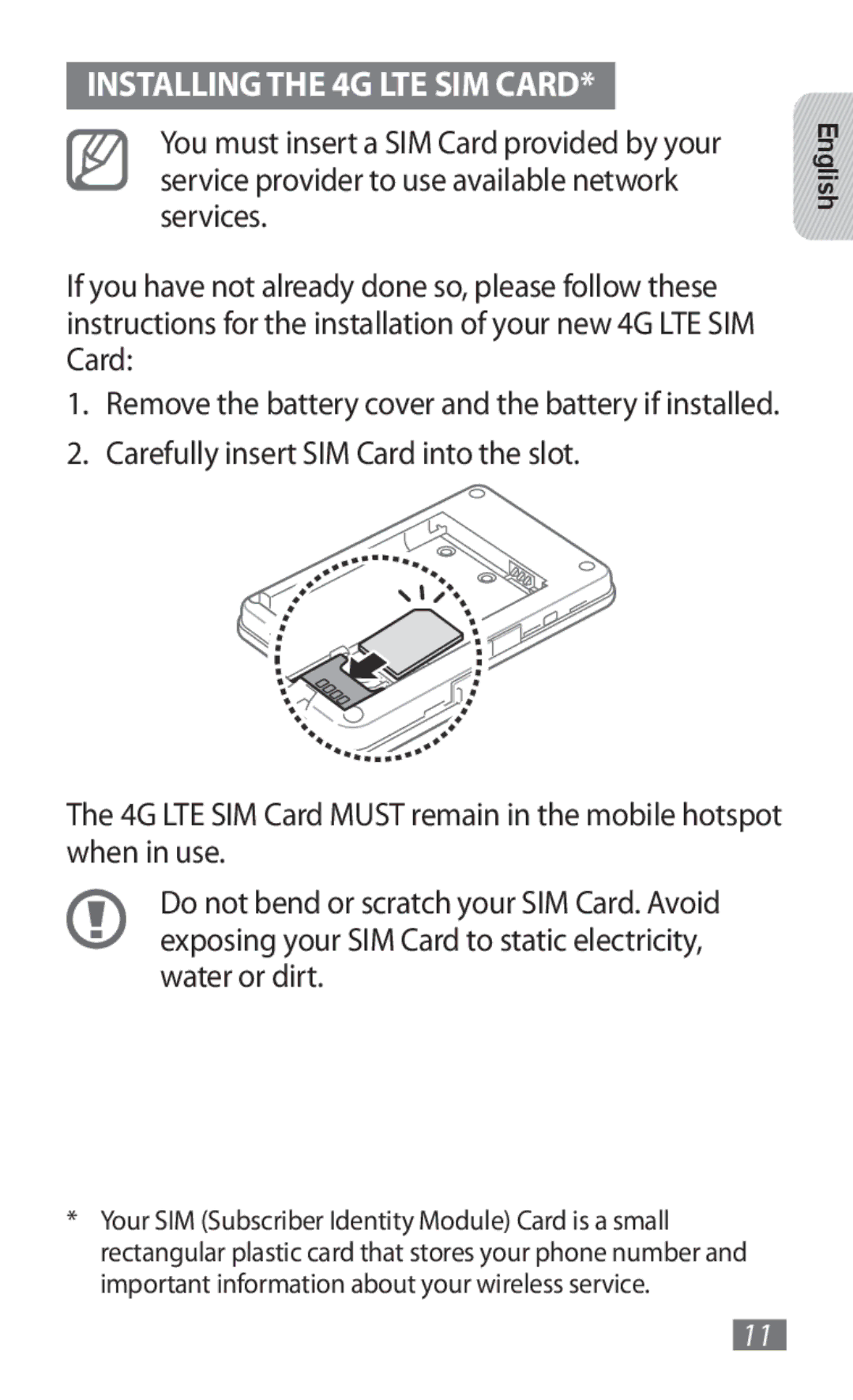 Samsung GT-B3800FKTVD2 manual Installing the 4G LTE SIM Card, Carefully insert SIM Card into the slot 