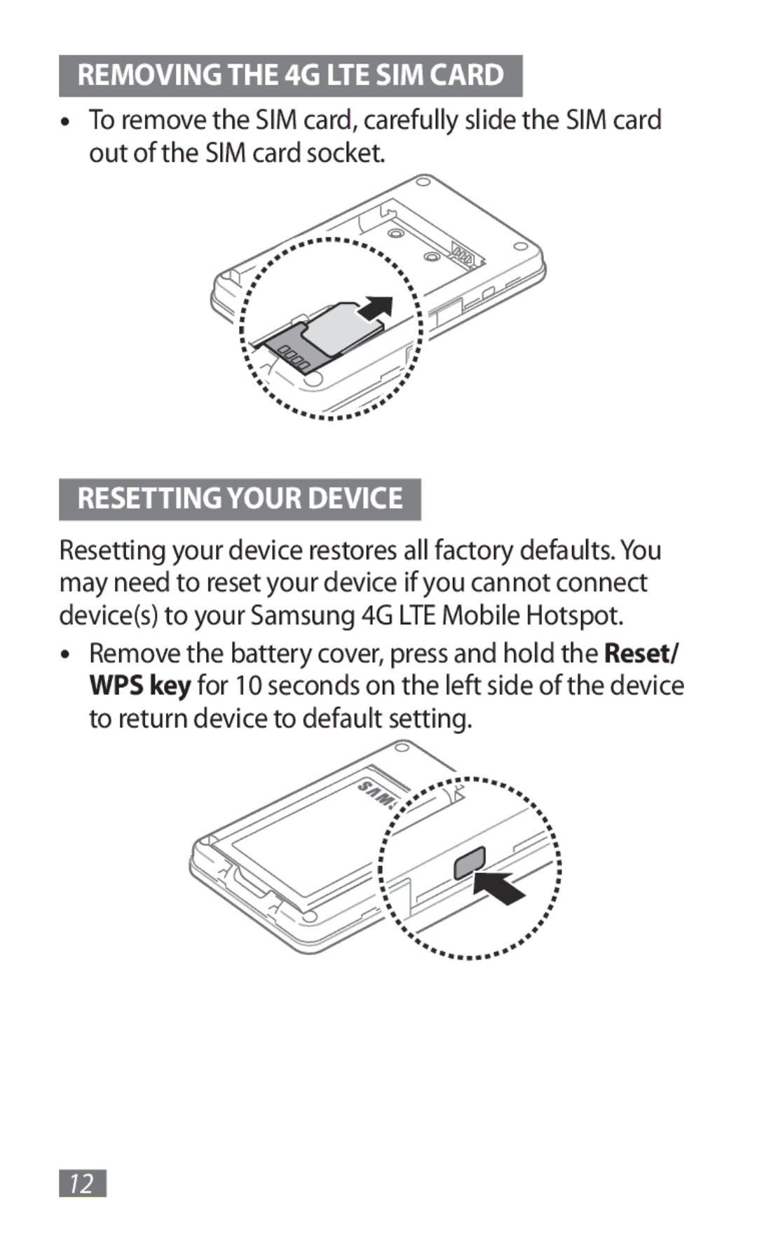 Samsung GT-B3800FKTVD2 manual Removing the 4G LTE SIM Card, Resetting Your Device 