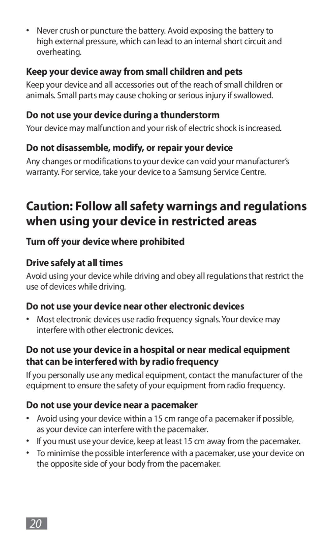 Samsung GT-B3800FKTVD2 Keep your device away from small children and pets, Do not use your device during a thunderstorm 