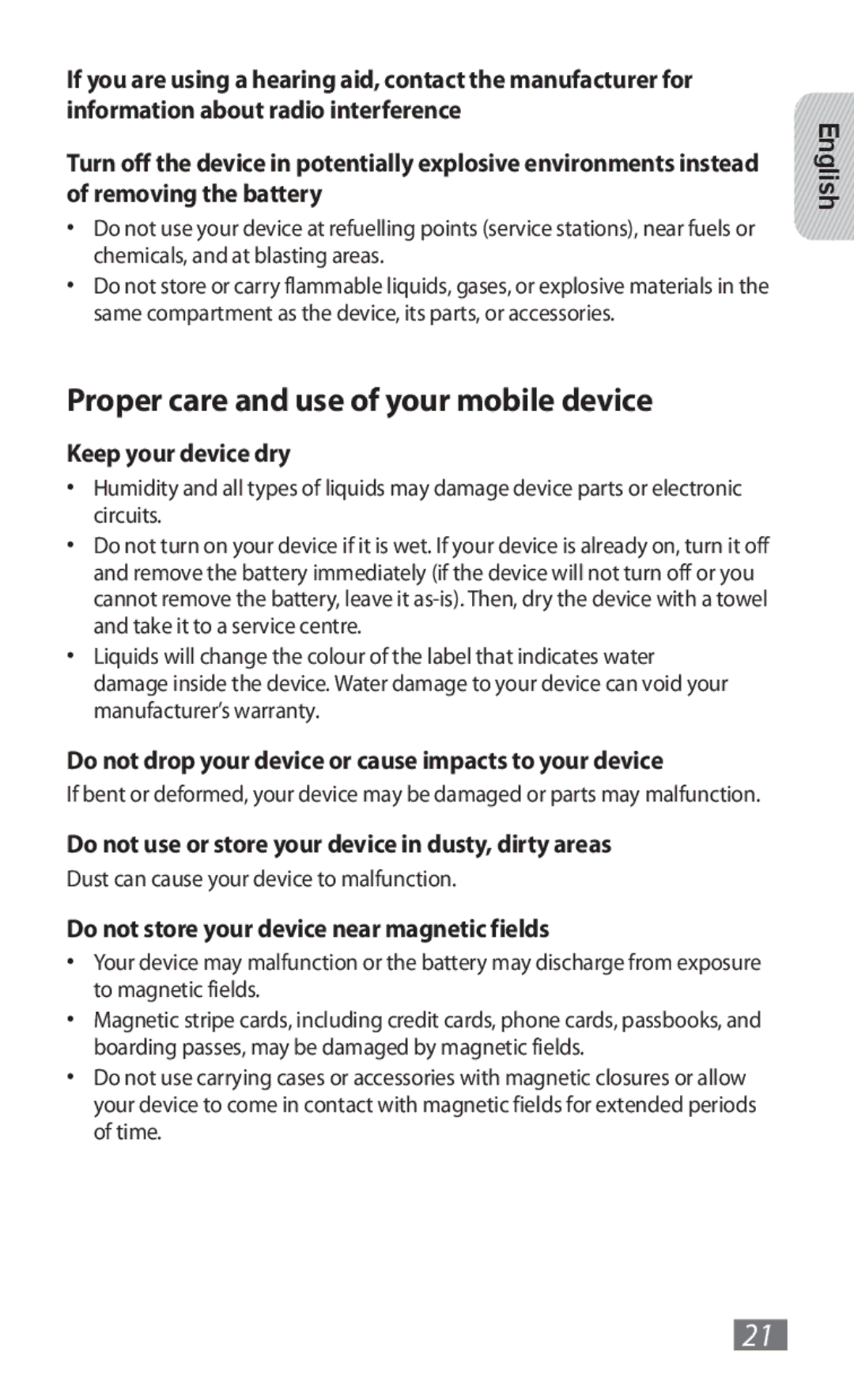 Samsung GT-B3800FKTVD2 manual Proper care and use of your mobile device, Keep your device dry 