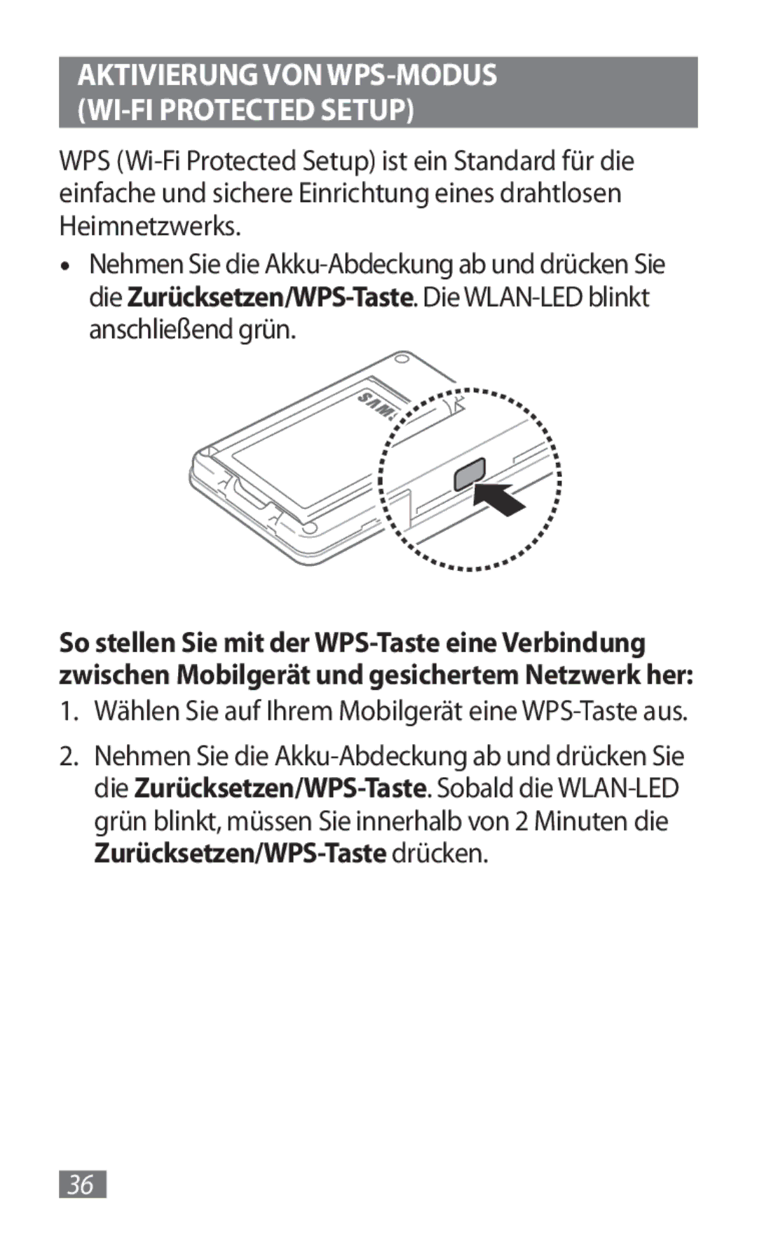 Samsung GT-B3800FKTVD2 manual Aktivierung VON WPS-MODUS WI‑FI Protected Setup 