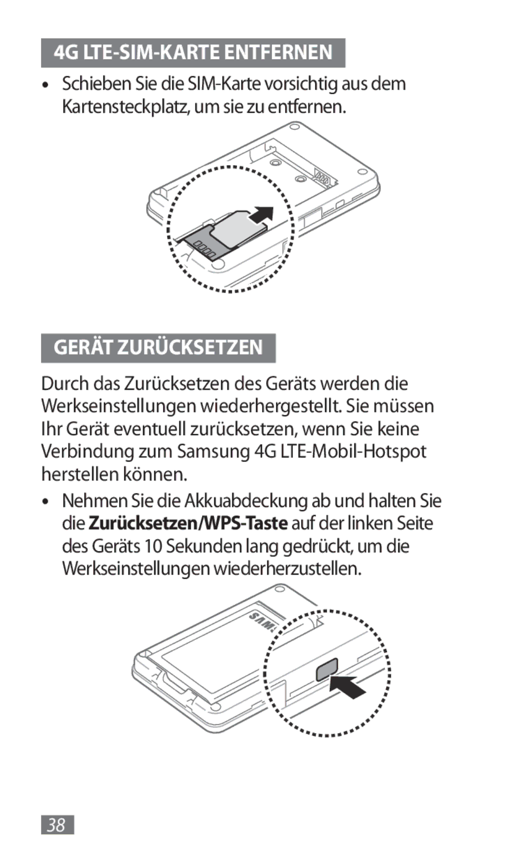 Samsung GT-B3800FKTVD2 manual 4G LTE-SIM-KARTE Entfernen, Gerät Zurücksetzen 