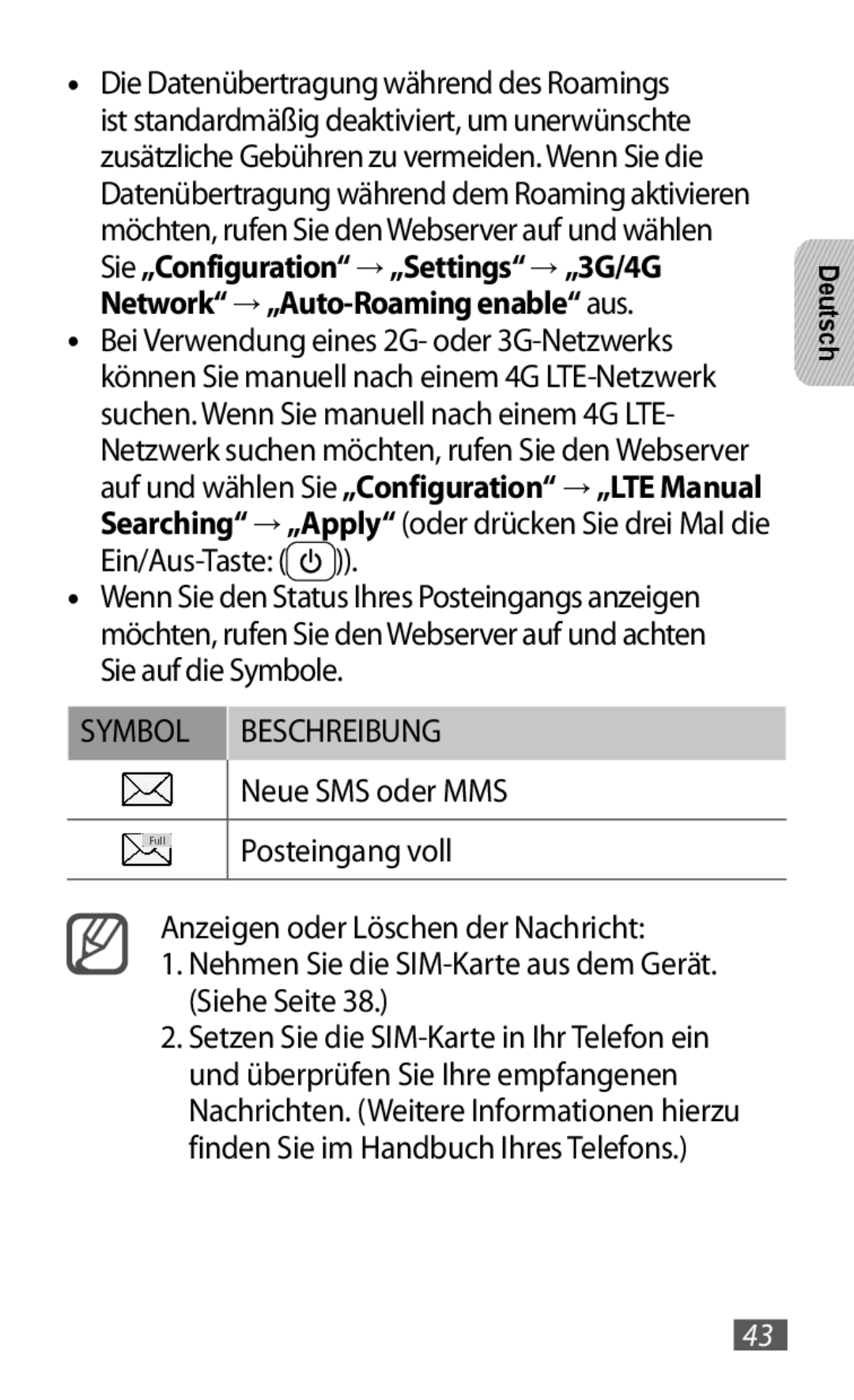 Samsung GT-B3800FKTVD2 manual Symbol Beschreibung 