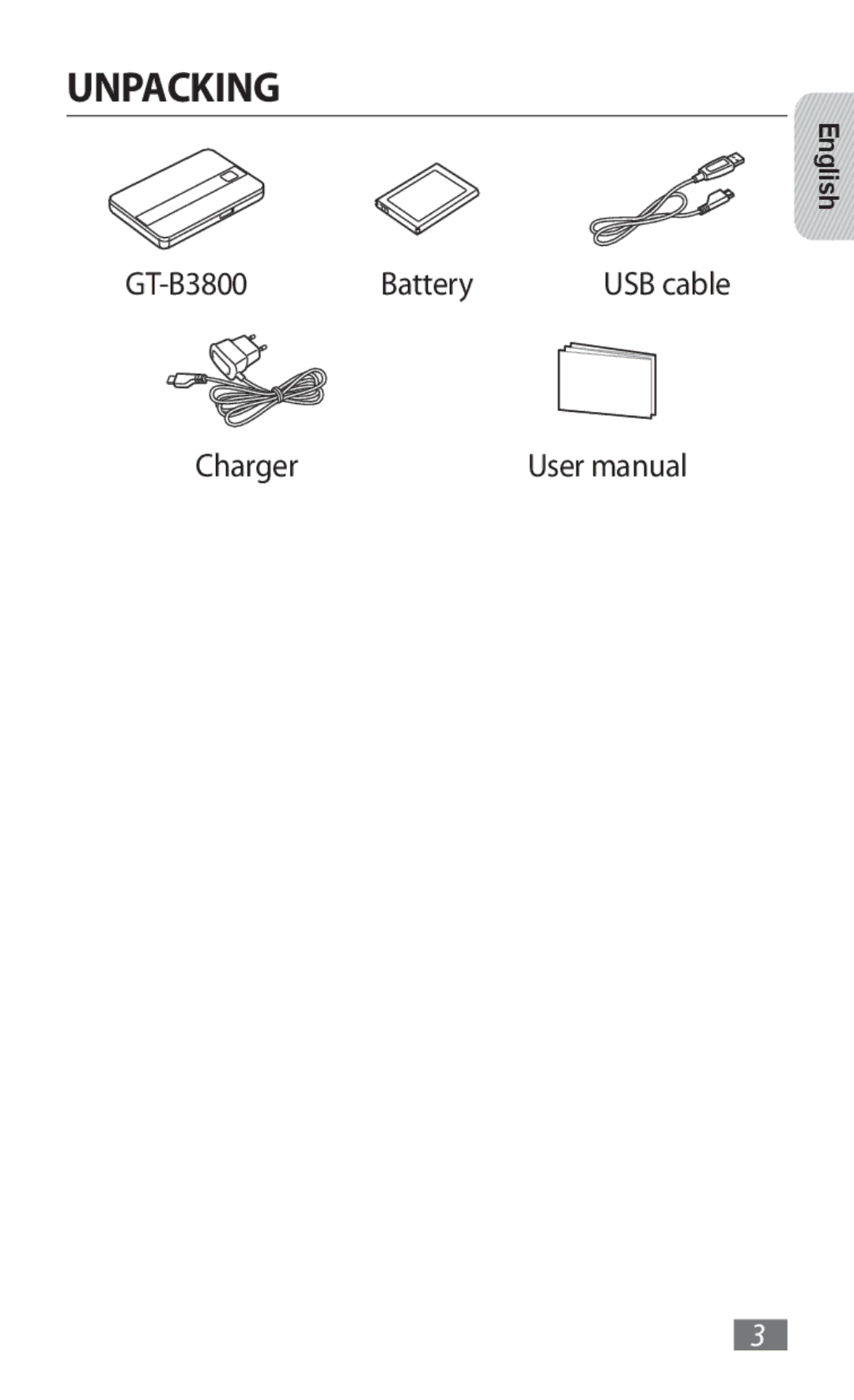 Samsung GT-B3800FKTVD2 manual Unpacking, GT-B3800 Battery, Charger 