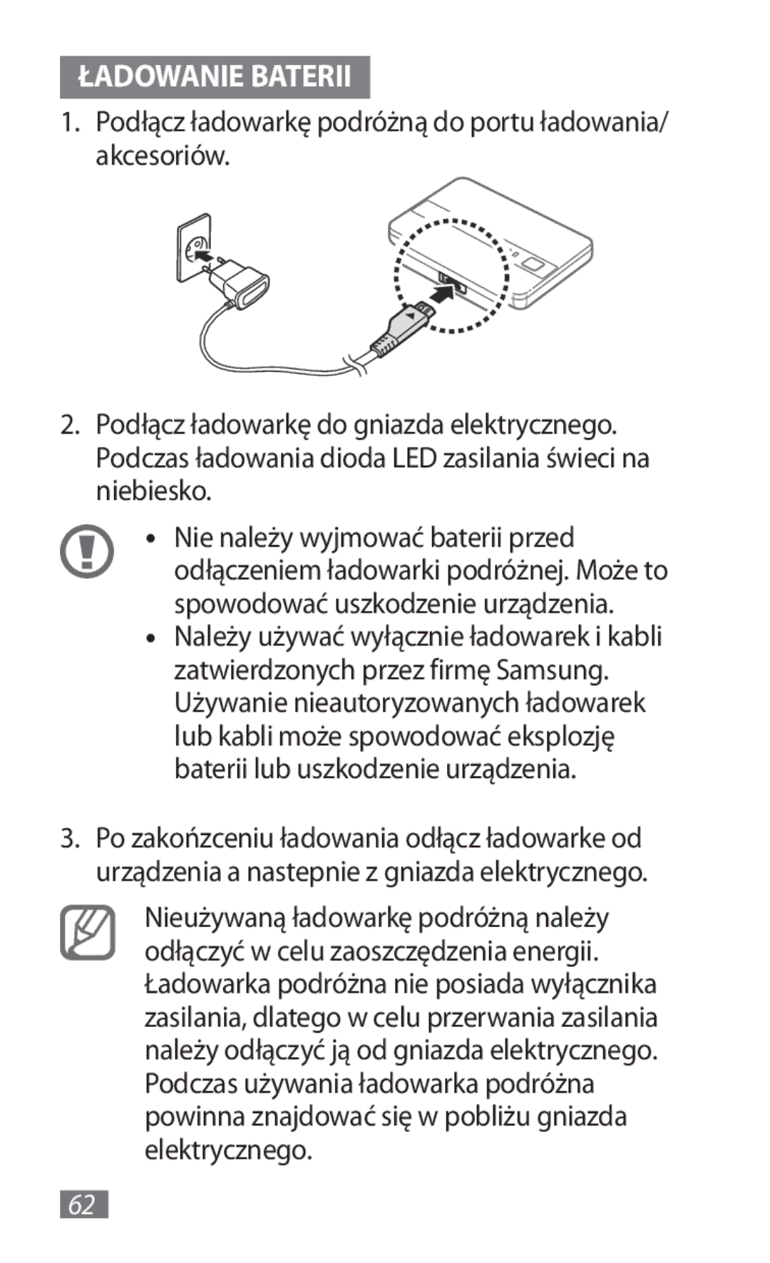 Samsung GT-B3800FKTVD2 manual Ładowanie Baterii 