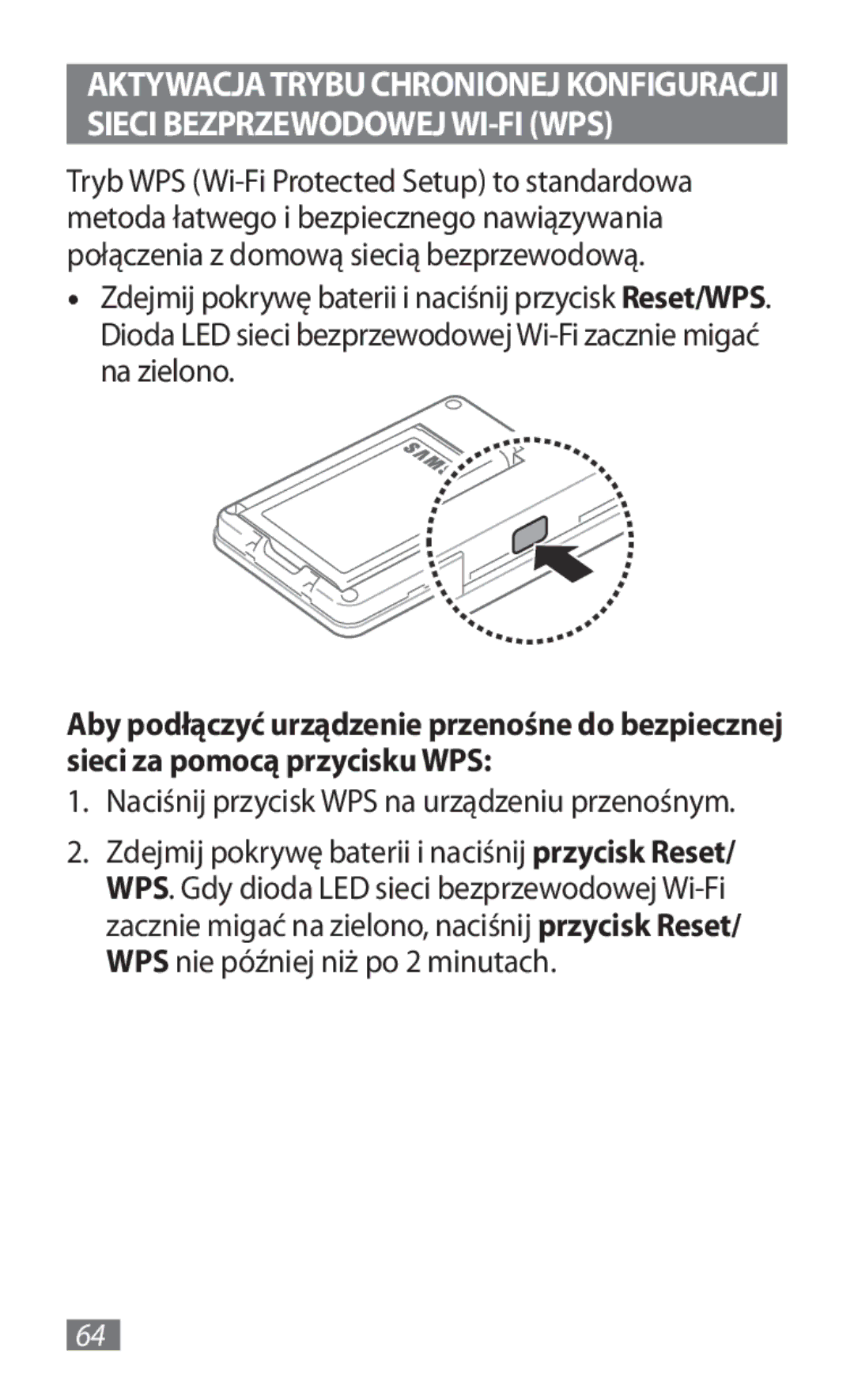 Samsung GT-B3800FKTVD2 manual Naciśnij przycisk WPS na urządzeniu przenośnym 