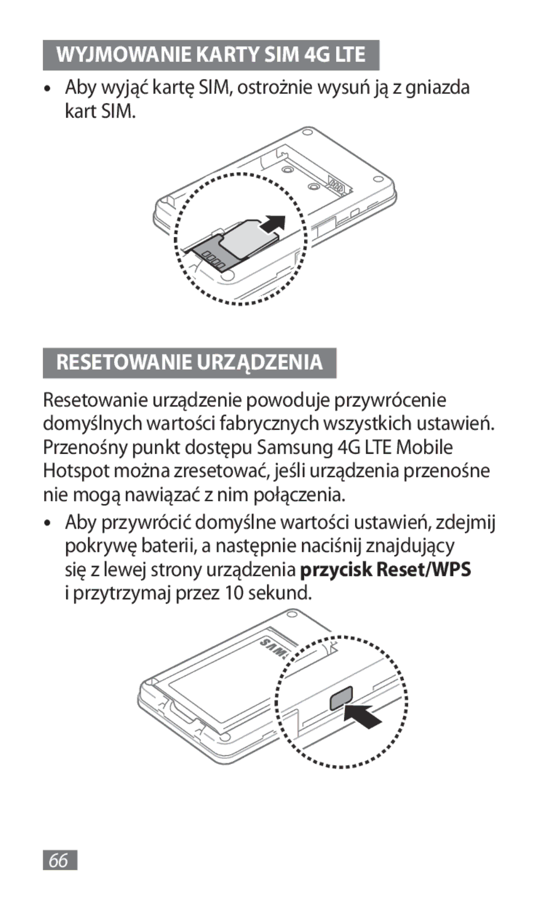 Samsung GT-B3800FKTVD2 manual Wyjmowanie Karty SIM 4G LTE, Resetowanie Urządzenia 