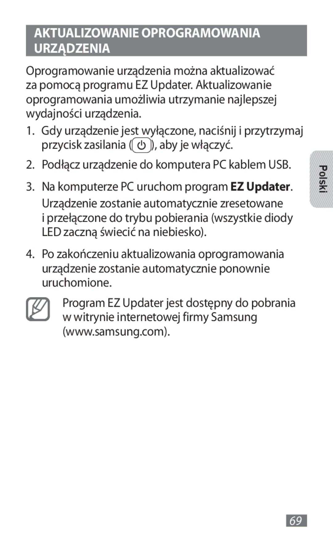 Samsung GT-B3800FKTVD2 manual Aktualizowanie Oprogramowania Urządzenia 