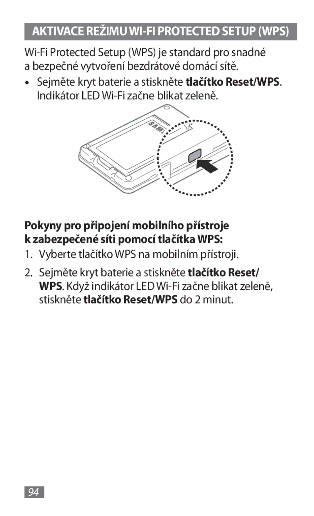 Samsung GT-B3800FKTVD2 manual Vyberte tlačítko WPS na mobilním přístroji, Aktivace REŽIMUWI-FI Protected Setup WPS 