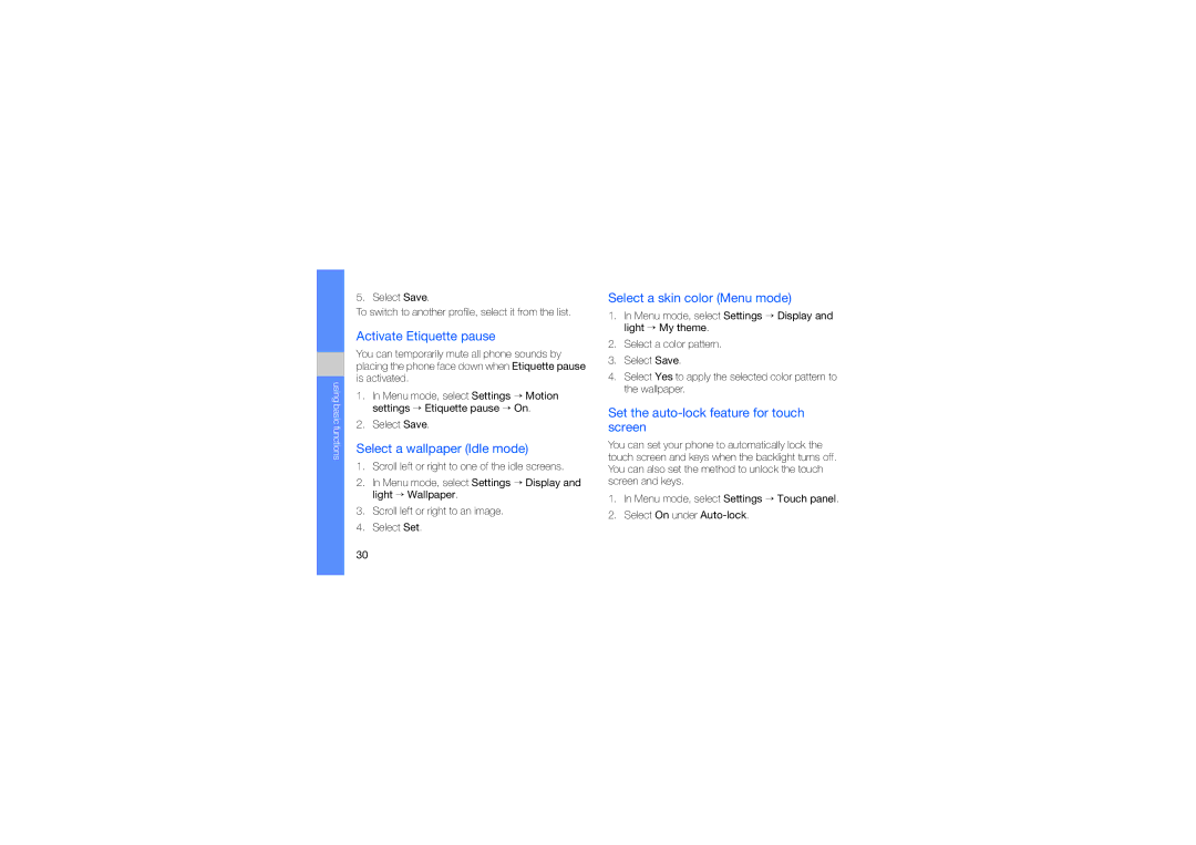 Samsung GT-B5310 manual Activate Etiquette pause, Select a wallpaper Idle mode, Select a skin color Menu mode 