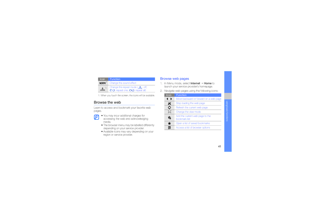 Samsung GT-B5310 manual Browse the web, Browse web pages, Navigate web pages using the following icons 