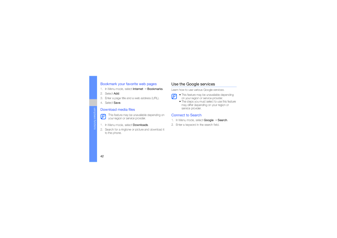 Samsung GT-B5310 manual Use the Google services, Bookmark your favorite web pages, Download media files, Connect to Search 