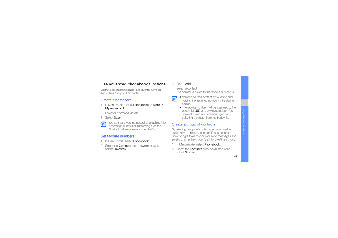 Samsung GT-B5310 Use advanced phonebook functions, Create a namecard, Set favorite numbers, Create a group of contacts 