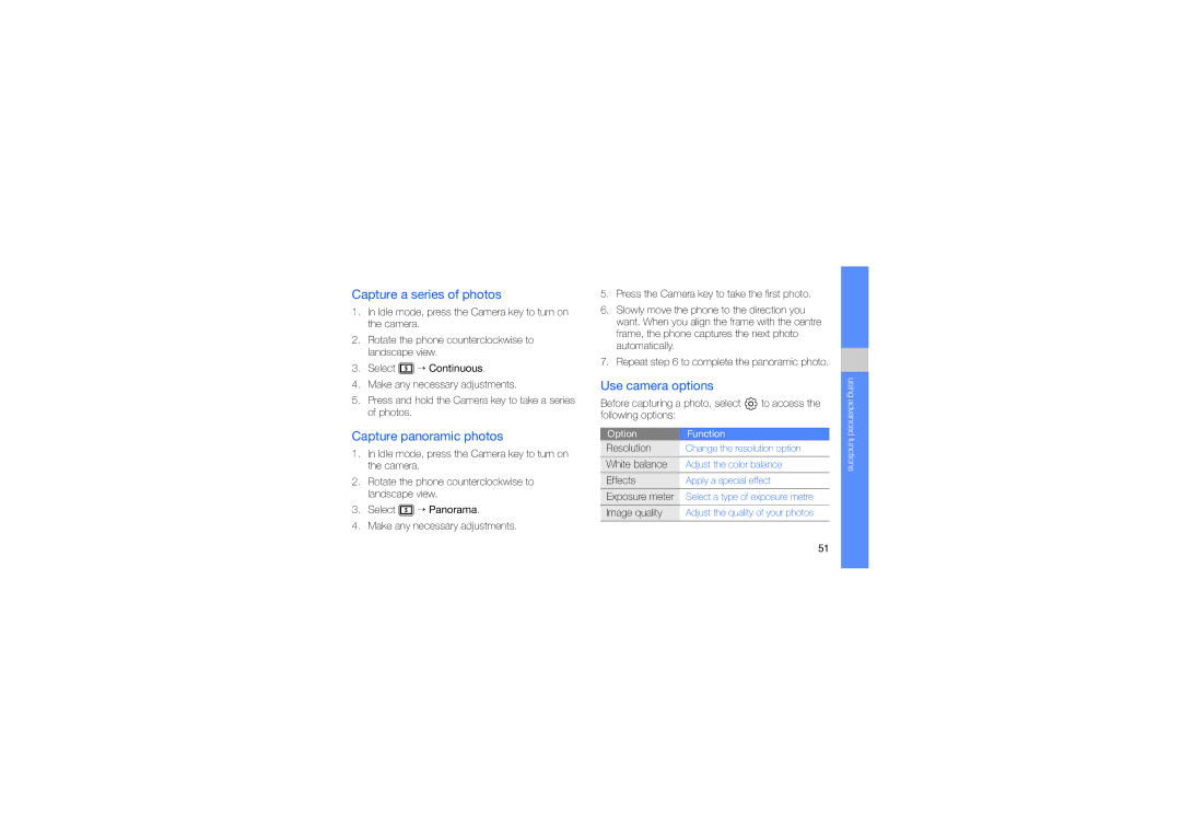 Samsung GT-B5310 manual Capture a series of photos, Capture panoramic photos, Use camera options 
