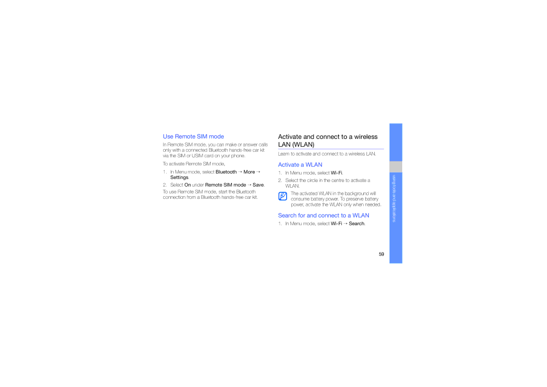 Samsung GT-B5310 manual Activate and connect to a wireless LAN Wlan, Use Remote SIM mode, Activate a Wlan 