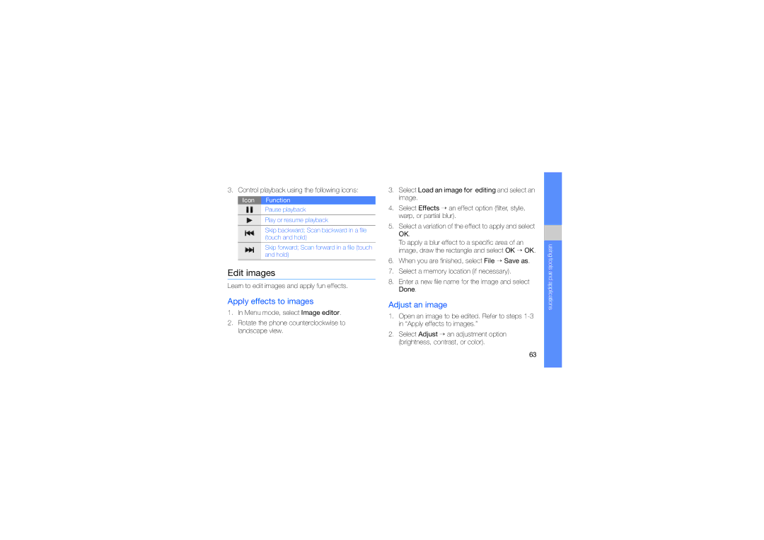 Samsung GT-B5310 manual Edit images, Apply effects to images, Adjust an image, Learn to edit images and apply fun effects 