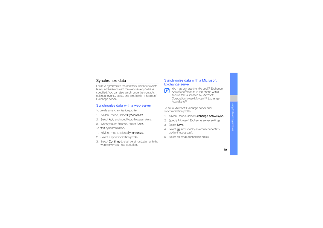 Samsung GT-B5310 manual Synchronize data with a web server, Synchronize data with a Microsoft Exchange server 