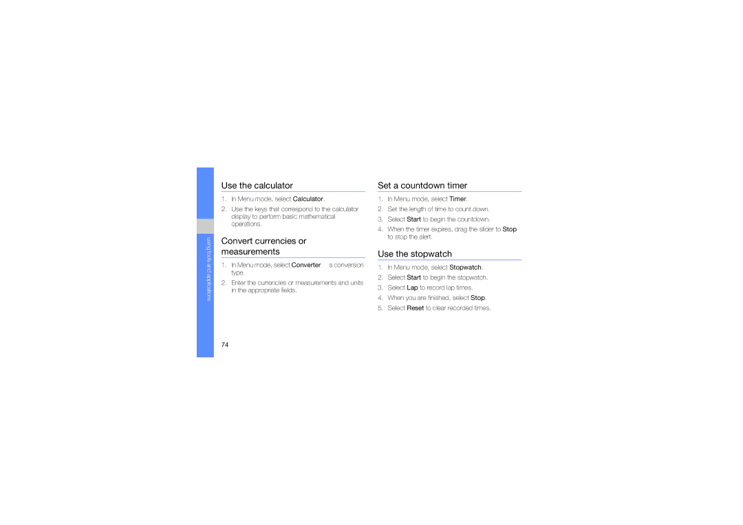 Samsung GT-B5310 manual Use the calculator, Convert currencies or measurements, Set a countdown timer, Use the stopwatch 