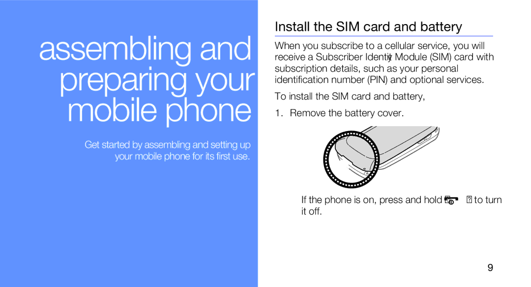 Samsung GT-B5310R user manual Assembling and preparing your mobile phone, Install the SIM card and battery 