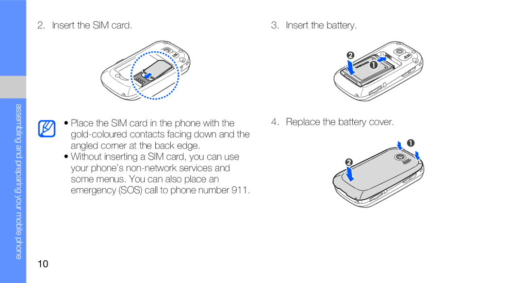 Samsung GT-B5310R user manual Insert the SIM card, Insert the battery Replace the battery cover 