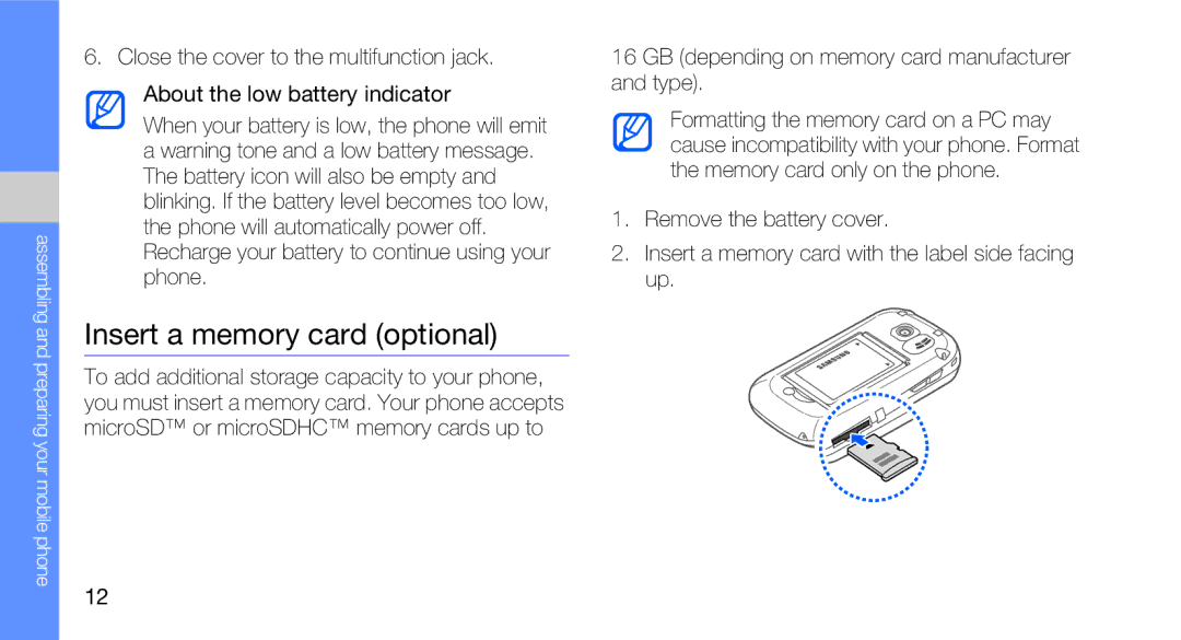 Samsung GT-B5310R user manual Insert a memory card optional, GB depending on memory card manufacturer and type 