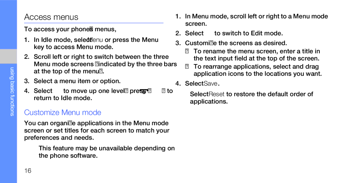 Samsung GT-B5310R user manual Access menus, Customize Menu mode 