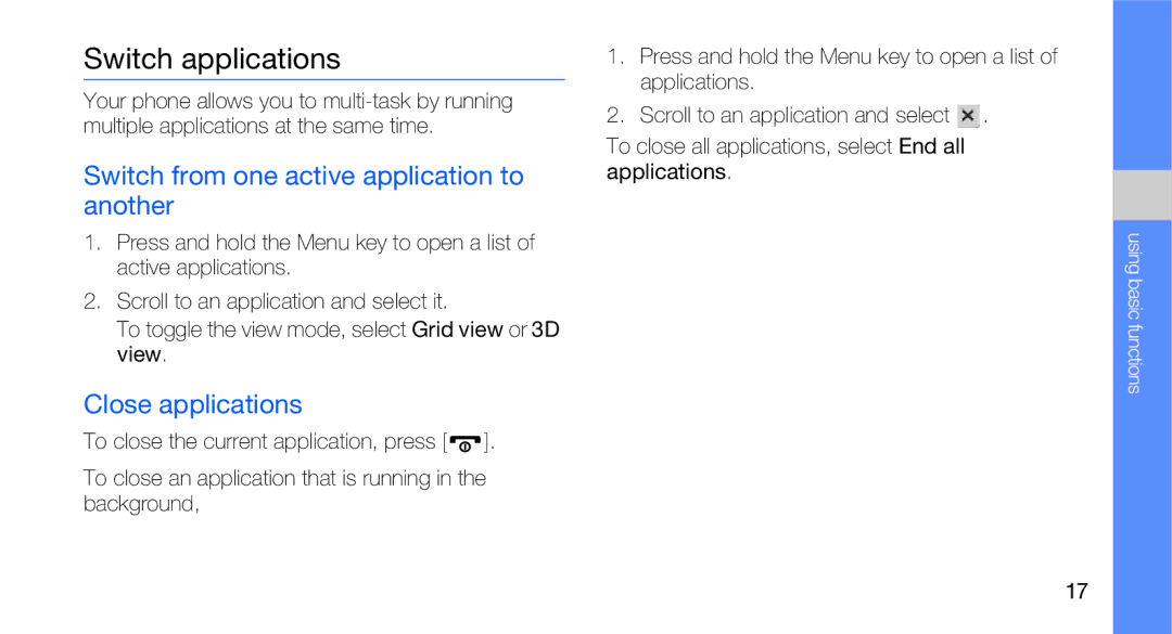 Samsung GT-B5310R user manual Switch applications, Switch from one active application to another, Close applications 