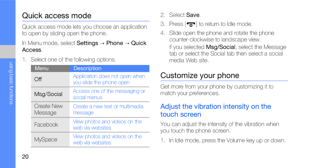 Samsung GT-B5310R user manual Quick access mode, Customize your phone, Adjust the vibration intensity on the touch screen 