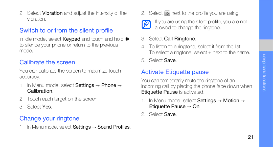 Samsung GT-B5310R user manual Switch to or from the silent profile, Calibrate the screen, Change your ringtone 