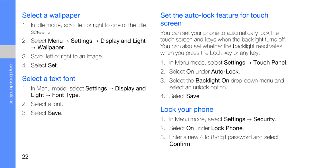 Samsung GT-B5310R Select a wallpaper, Select a text font, Set the auto-lock feature for touch screen, Lock your phone 