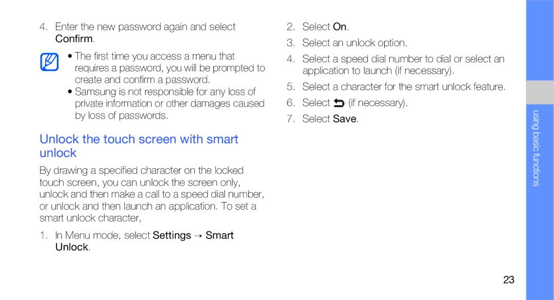 Samsung GT-B5310R user manual Unlock the touch screen with smart unlock, Enter the new password again and select Confirm 