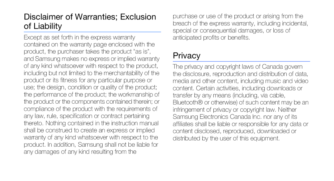 Samsung GT-B5310R user manual Disclaimer of Warranties Exclusion of Liability, Privacy 