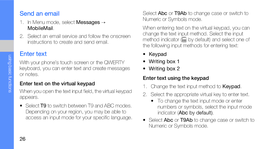 Samsung GT-B5310R user manual Send an email, Enter text, Menu mode, select Messages  MobileMail 