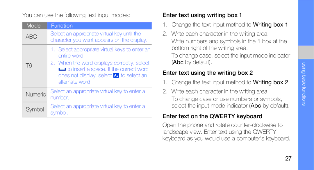 Samsung GT-B5310R user manual You can use the following text input modes, Symbol, Enter text on the Qwerty keyboard 