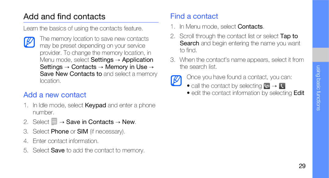 Samsung GT-B5310R Add and find contacts, Add a new contact, Find a contact, Learn the basics of using the contacts feature 